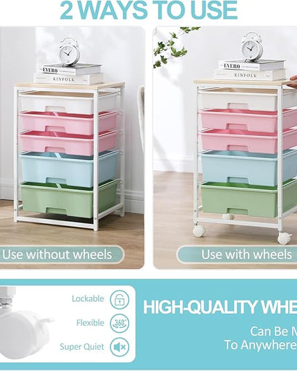 Utility Cart with 5 Drawers,Storage Drawer Cart with Wooden Tabletop and Lockable Wheels,Craft Storage Trolley Cart,5-Tier Rolling Utility Cart on Wheels,Rainbow