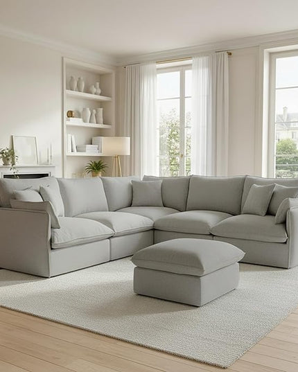 Cloud Modular Sectional Sofa, Waterproof Down Filled Sectional Sofas, High Backrest V Shaped 5 Seater Sectional Couch with Ottoman, Modern Modular Couch with Removable Cover, Light Gray