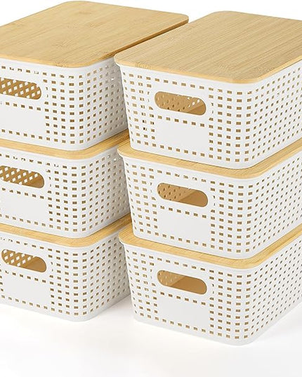 Plastic Storage Baskets With Bamboo Lid - Plastic Storage Containers Stackable Storage bins: Storage Baskets for Organizing Shelves Drawers Desktop Closet Playroom Classroom Office, 6 Pack