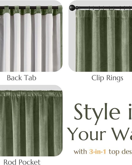 Lazzzy Velvet Green Curtains 108 Inches Long Black Out Thermal Insulated Room Darkening Curtain Drapes Luxury Back Tab Window Treatments for Bedroom Living Room 2 Panels, 52 x 108 Inch, Olive Sage