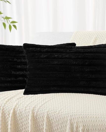 decorUhome Faux Fur Spring Throw Pillow Covers 12x20 Set of 2, Decorative Soft Plush Striped Lumbar Neutral Couch Euro Pillow Covers with Velvet Back for Sofa, Bed, Living Room Home Decor, Black
