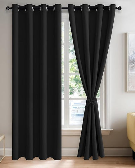 JIUZHEN Blackout Curtains with Tiebacks - Thermal Insulated, Light Blocking and Noise Reducing Grommet Curtain Drapes for Bedroom and Living Room, Set of 2 Panels, Black, 52 x 84 Inch Length