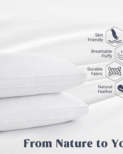 puredown® Goose Feather Down Pillows, Gusseted Bed Pillows for Sleeping 100% Cotton Cover, Set of 2 Standard Size