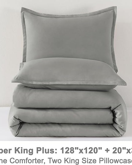 Litanika Comforters Medium Gray Super King Plus Size, 3 Pieces Lightweight Solid Bedding Set & Collections, All Season Fluffy Bed Set (128x120In Comforter & 2 Pillowcases)