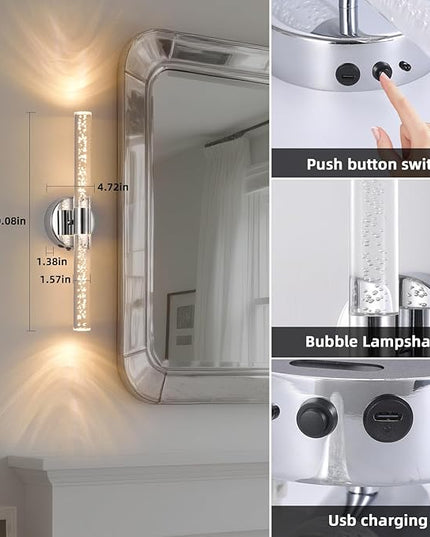 Silver Wall Light LED Battery Operated Wall Sconces(2 Pack), 20-Inch Dimmable Crystal Wall Sconce, Rechargeable Chrome Bubble Wall Lights, Wireless Wall Lamp for Bedroom, Living Room