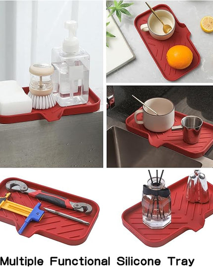 Silicone Bathroom Soap Dishes with Drain Spout-Bathroom and Kitchen Sink Organizer,Sponge Holder,Dish Soap Tray,Perfect for Dispenser,Scrubber,Bottle,Cup on Sink or Counter-Red 9.6"×5.3"