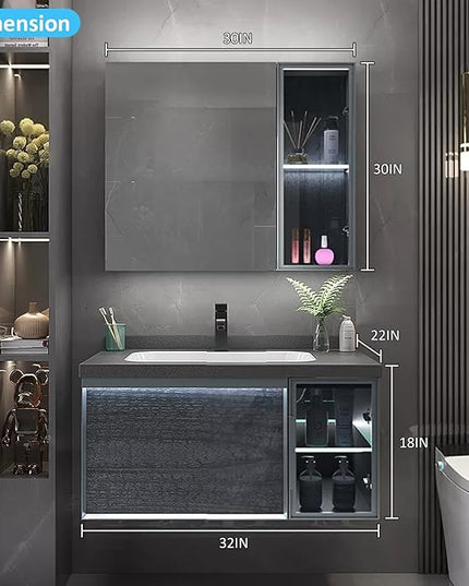 32IN Bathroom Vanity - Bathroom Vanity with Sink Combo, Motion Sensor Light Indoor & Transparent Glass Cabinet Doors | Floating Vanity with Grey Storage Cabinet
