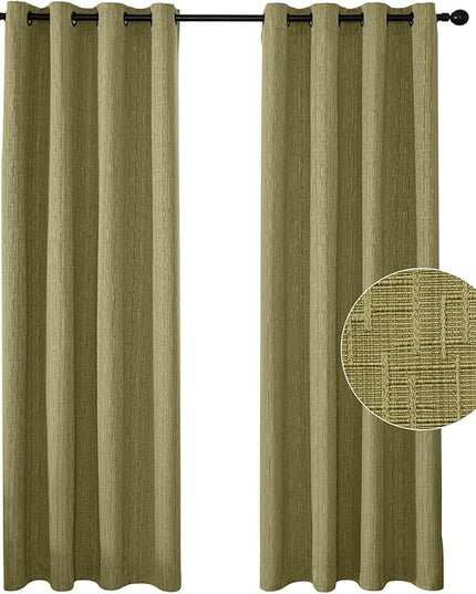 Jacquard Linen Curtains 96 inch Length 2 Panels Thick Faux Linen Blended Window Drapes Burlap Textured Curtains with Grommet for Living Room Bedroom Farmhouse (52x96 Olive Green) Natural