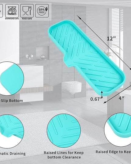 Silicone Bathroom Soap Dishes with Drain Spout-Bathroom and Kitchen Sink Organizer,Sponge Holder,Dish Soap Tray,Perfect for Dispenser,Scrubber,Bottle,Cup on Sink or Counter-Mint 12"×4"