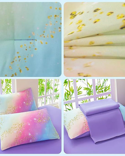 Rainbow Bedding Set Twin Size – 7 Piece Reversible Girls Comforter with Deep-Pocket Sheet, Gradient Galaxy Design, Whole-Piece Filling, Machine Washable Bed-in-a-Bag for Kids Room Makeover & Gifts