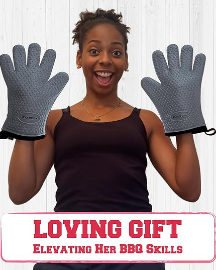 KITCHEN PERFECTION XL Silicone Smoker Oven Gloves for Women -Extreme Heat Resistant BBQ Gloves -Handle Hot Food Right on Your Grill Fryer&Pit|Waterproof Grilling Cooking Mitts|Superior Set+3 Bonuses
