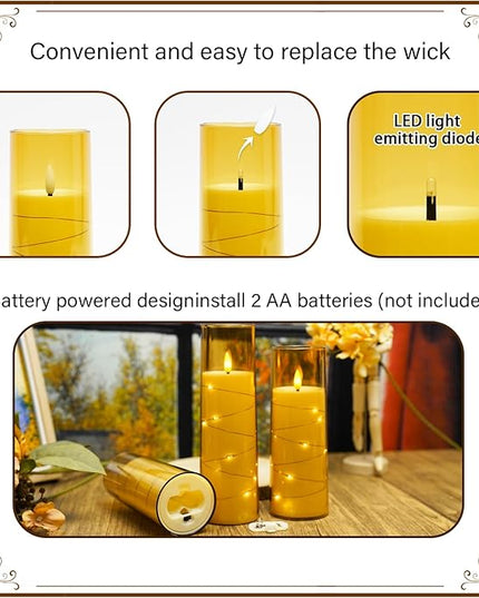 Flickering Flameless LED Candles,Battery Operated Candles 9 Pcs with Embedded Star String,Acrylic LED Pillar Candles with Remote,Suitable for Home Decoration to Create an Atmosphere（Gold）