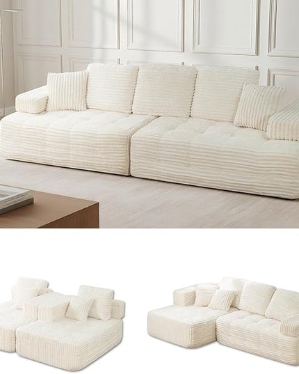 Marine Moon 111" Modular Sectional Sofa, 4-Seat Oversized Deep Seat Cloud Couch, No Assembly Required, Convertible Straight Sofa to L-Shaped for Living Room, Apartment & Home, White