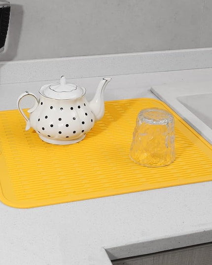 Silicone Dish Drying Mat for Multiple Usage,Easy clean,Eco-friendly,Heat-resistant Silicone Mat for Kitchen Counter or Sink,Refrigerator or Drawer Liner Yellow XL 18 inches x 16 inches