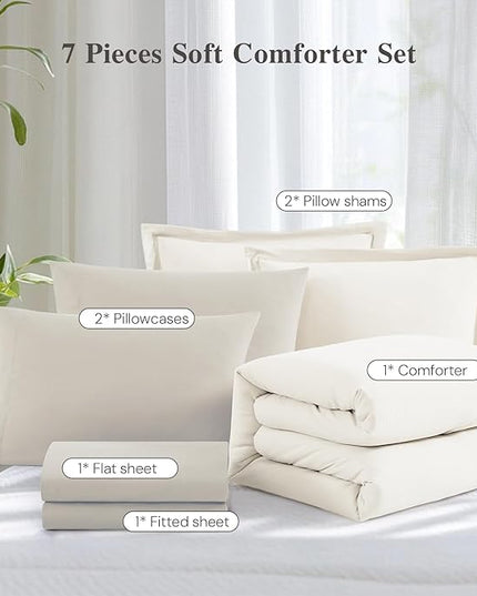 WRENSONGE Full Size Comforter Set- 7 Pieces White Bed in a Bag Full Size Comforter with Fitted Sheet, Flat Sheet, 2 Pillow Shams, 2 Pillowcases, Warm Bedding Sets for All Season