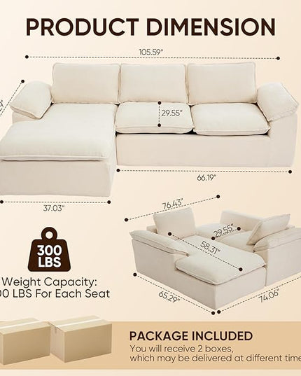 105.6”L Shape Modular Sectional Couch for Living Room, Modern Cloud Sectional 3 Seat Sofa with Oversized Chaise, Woven Texture Upholstery Boneless Couch (Beige, Left Facing Chaise)