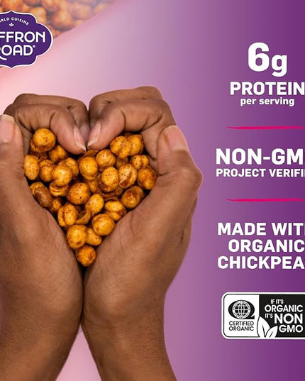 Saffron Road Roasted Bombay Spice Crunchy Chickpeas | High-Protein, Vegan, Gluten-Free, Non-GMO, Halal & Kosher Certified Snack | 5.4 oz Resealable Pouch | Pack of 6