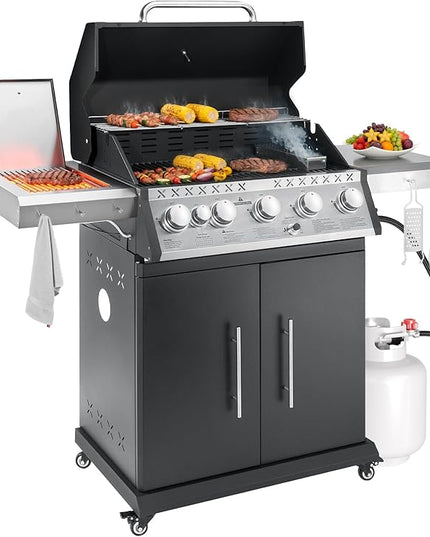 Propane Gas Grill, 5+1 Stainless Steel Barbecue Grill with Infrared Side Burner for Outdoor Cooking