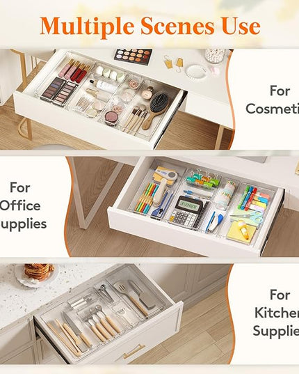Lifewit 15 Pcs Large Bathroom Drawer Organizers, 3 Sizes Clear Plastic Storage Organizer Trays for Make Up, Kitchen Utensils, Vanity Accessories in Bathroom/Office/Dresser Organization