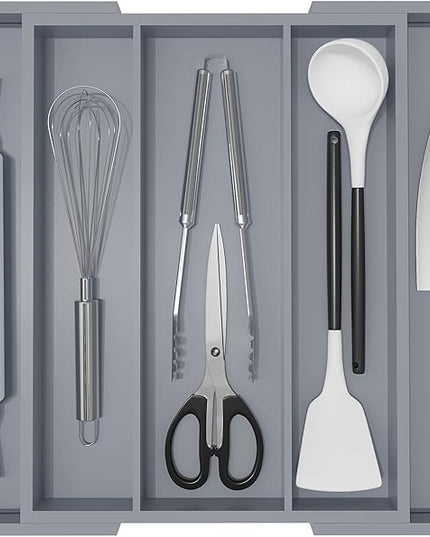 Large Kitchen Utensil Drawer Organizer - Expandable 5 Slots Cooking Utensil Organizer Multipurpose Silverware Organizer for Storage Repair Tools, Painting Tools W13.7"-19.9" x L17.6" X H2.5" (Grey)