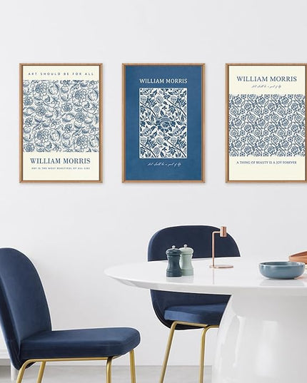 HOURIA William Morris Floral Framed Canvas Wall Art Set,Navy Blue White Flower Wall Decor,Retro Textured Botanical Artwork,Modern Neutral Blossom Art Print for Living Room,Bedroom,Office-16 x24 x3