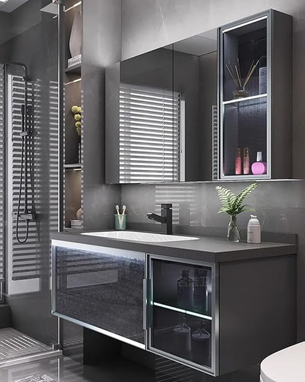 40IN Bathroom Vanity - Bathroom Vanity with Sink Combo, Motion Sensor Light Indoor & Transparent Glass Cabinet Doors | Floating Vanity with Grey Storage Cabinet
