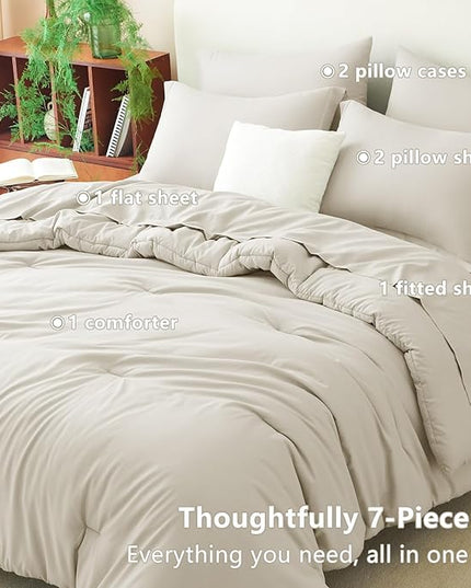 CozyLux King Comforter Set Beige, 7 Pieces Bed in a Bag Soft Bedding Comforter Set with Sheets, All Season Boho 7PC Bed Sets with Comforter, Fitted Sheets, Flat Sheets, Pillow Shams and Pillowcases