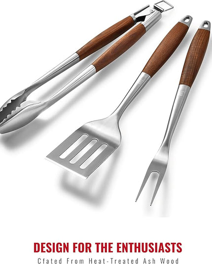 Heavy-Duty Heat-Treated Ash Wood BBQ Grilling Tools Set | Extra-Thick Stainless Steel Spatula, Fork & Tongs | Essential Barbecue Accessories, for Grill Enthusiasts