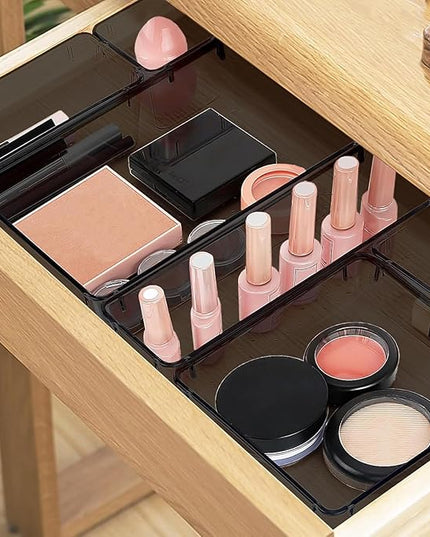 10 PCS Drawer Organizer Set, 4 Varied Size Bathroom and kitchen Drawer cabinet organizer Trays, Clear Storage Bins for Makeup, Jewelry, Utensils and Gadgets, Black