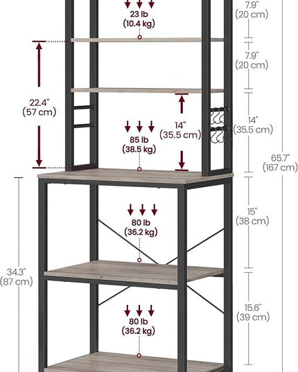VASAGLE Coffee Bar, 23.6 Inches Baker's Rack for Kitchen with Storage, 6-Tier Kitchen Shelves with 6 Hooks, Microwave Stand, Industrial, Heather Greige and Ink Black UKKS024B02