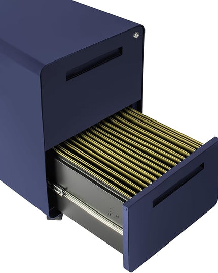 Laura Davidson Furniture Stockpile 2 Drawer Mobile File Cabinet with Lock - Under Desk Metal Filing Cabinet, Legal/Letter File Folders, Wheels and Stationary Feet, Pre-Assembled, Navy Blue