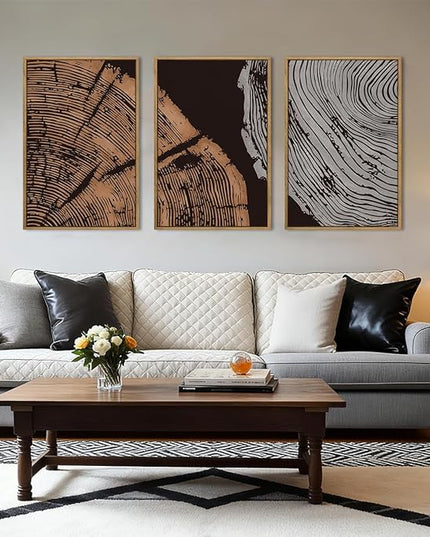 ANHUIB Tree Ring Wall Art 16x24 Inch Black Wall Painting Modern Wood Stump Wall Decor Neutral Minimalist Artprints Set of 3 for Living Room Bedroom Office