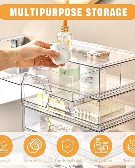 2 Pack Stackable Makeup Organizer, 12.1''L Acrylic Bathroom Organizer and Storage Undersink Drawer, Cosmetics and Beauty Supplies,Clear Plastic Storage Bins for Desk,Cabinet,Kitchen,Vanity,Pantry