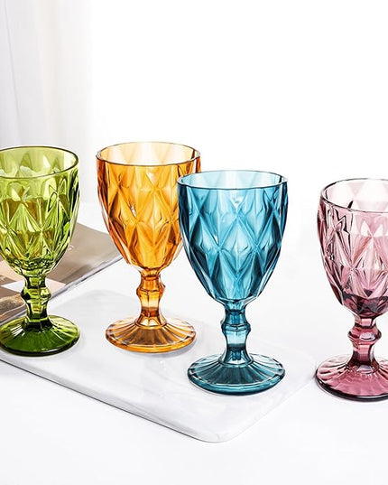 Vintage Wine Glasses Set of 4, Plastic Reusable 12 Ounce Colored Water Goblets, Unique Embossed Pattern Unbreakable Stemmed Wine Glasses, High Clear Wedding Party Bar Drinking Cups Multicolor