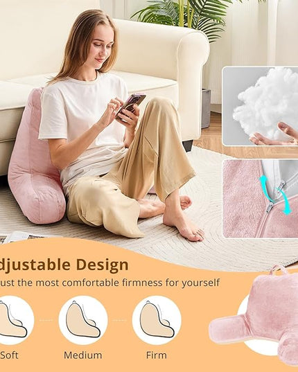 Sasttie Reading Pillow, Velvet Back Pillow for Bed Sitting Up, Adult Back-Rest Support Cushion with Arms for Sit Up on Couch, Sofa, and Floor, Dorm Essentials, Reading Accessories, Pink