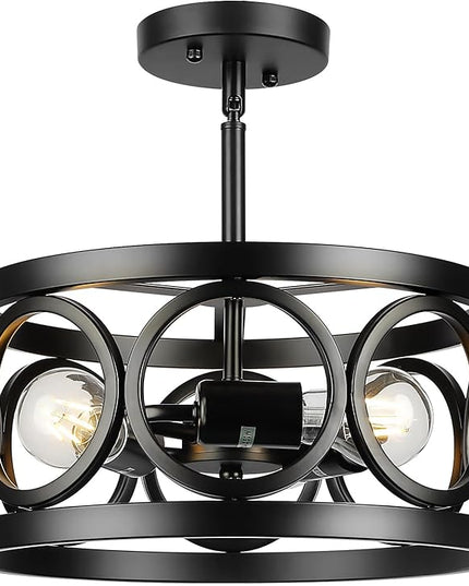 Farmhouse Semi Flush Mount Ceiling Light,3-Light Industry Black Sloped Ceiling Light Fixtures D13 Inches Drum Metal Light Fixture for Entryway Foyer Hallway Kitchen Dining Room