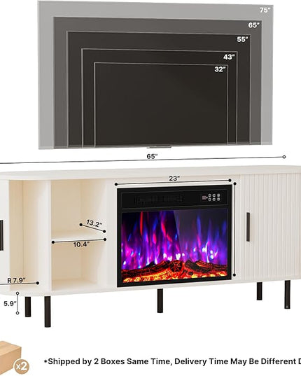 65" Fluted Fireplace TV Stand for TVs Up to 75 inches, Modern Entertainment Center with 23" Electric Fireplace, Wooden Curved TV Console with Sliding Doors for Living Room, White