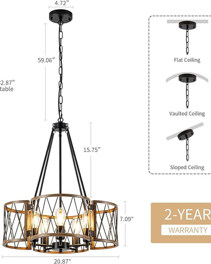 20.8'' Farmhouse Chandeliers for Dining Room, 5-Light Rustic Chandelier Wood Grain Metal Round Hanging Light Fixture, Vintage Drum Pendant Lights for Living Room, Bedroom, Kitchen, Entryway