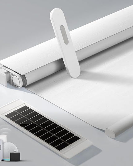 No Drill Motorized Blinds with Remote, Blackout Automatic Blinds with Solar Panel, Cordless Smart Electric Roller Shades for Windows, White, 22 x 72