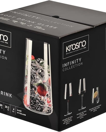 Krosno Water Glasses, Set of 4, Capacity 20 fl oz, Infinity Collection, Thin Highball Glasses,Clear Tall Glass Cups For Water, Juice, Drinks, and Cocktails, Dishwasher Safe, Made in Europe
