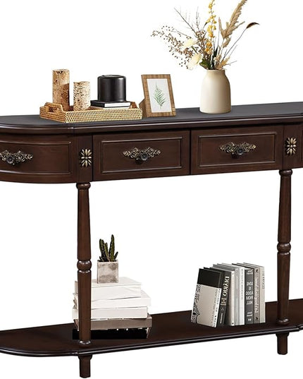 HMFULE Retro Curved Console Table, 52" Half Moon Console Table Sofa Table Entryway Table with 2 Drawers 1 Open Shelf Solid Pine Legs for Living Room,Entryway,Hallway,Espresso