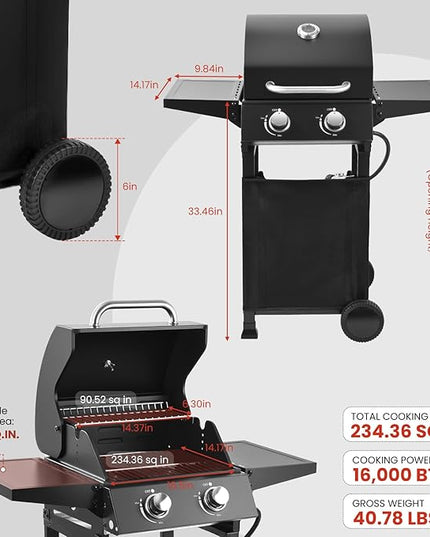 Q039-2-Burner Gas Grill with 234 SQ.IN. Outdoor Grill with 16,000 BTU,Propane Grills with Top Cover Lid,Grills Outdoor Cooking for Camping,Balcony,Patios,Garden