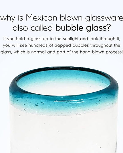 Aqua Blue Rim 9 oz Juice Glasses (set of 6) Mexican Handmade Glassware, Recycled Glass, Lead-free, Toxin-Free (Juice)