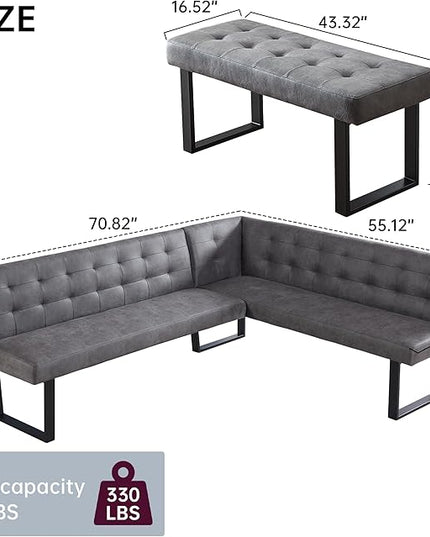 Modern L-Shaped Dining Bench, Vintage Fabric Upholstered Corner Sofa with Metal Legs for Kitchen Nook, Living Room, Dining Room (Left Seat)