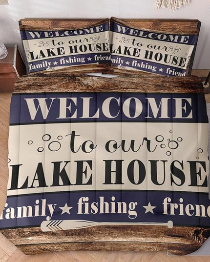 Twin Size Comforter Set with Pillowcase, Welcome Lake House 2 Pcs Bedding for Kids and Adults, Woodboard Family Fishing Cabin Soft Comforter Set for Bedroom Bed Decor