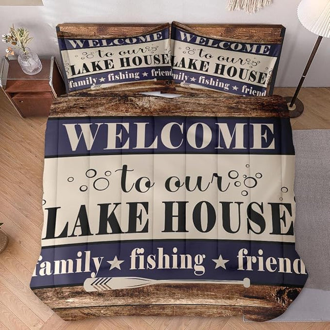 Twin Size Comforter Set with Pillowcase, Welcome Lake House 2 Pcs Bedding for Kids and Adults, Woodboard Family Fishing Cabin Soft Comforter Set for Bedroom Bed Decor