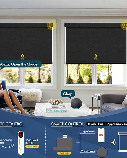 Motorized Blinds with Remote,Solar Panel Rechargeable Roller Shades,Automatic Blinds for Indoor Windows, Horizontal Wireless Electric Cordless Blinds with Cover Custom Black