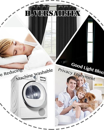 H.VERSAILTEX Bedroom Curtains Blackout Linen Blackout Curtains 84 Inches Long, 100% Blackout Thermal Textured Linen Look Curtain Draperies Grommet with White Liner, 2 Panels, Black