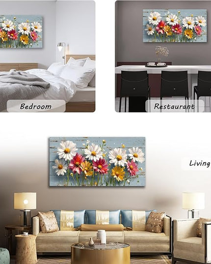 KZKU Rustic Daisy Floral Canvas Wall Art-White Pink Yellow Flowers on Blue Wood Background- Large Modern Farmhouse Decor for Living Room Bedroom24X48in