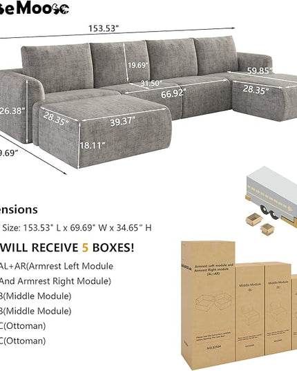 EASE MOOSE Boneless Modular Cloud Couch, Oversized U-Shaped Sectional Sofa for Living Room with Ottoman, Extra Large Movable Couches, 6-Deep-Seat Sofas for Bedroom, Apartment, Chenille (Light Grey)
